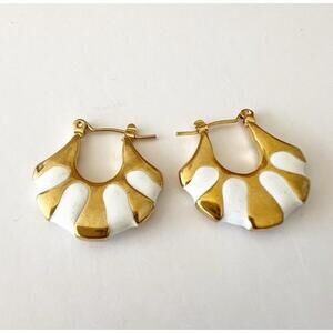 Gold Plated Stunning Egyptian Style Hoop Earrings White Enamel & Gold